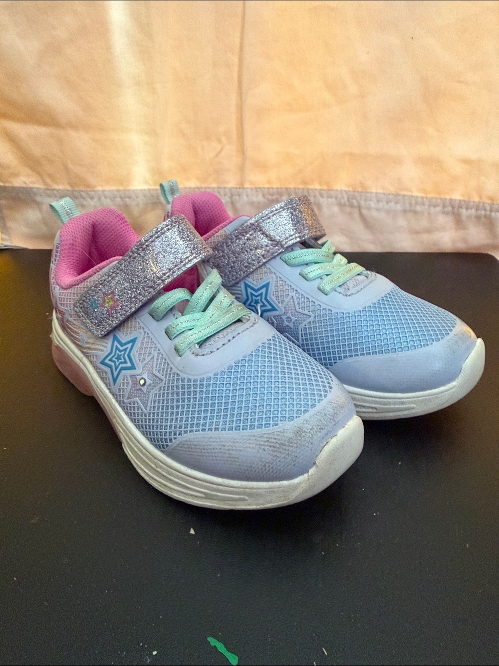 Light Blue & Pink Star Lace-Front Velcro Kids Sneakers